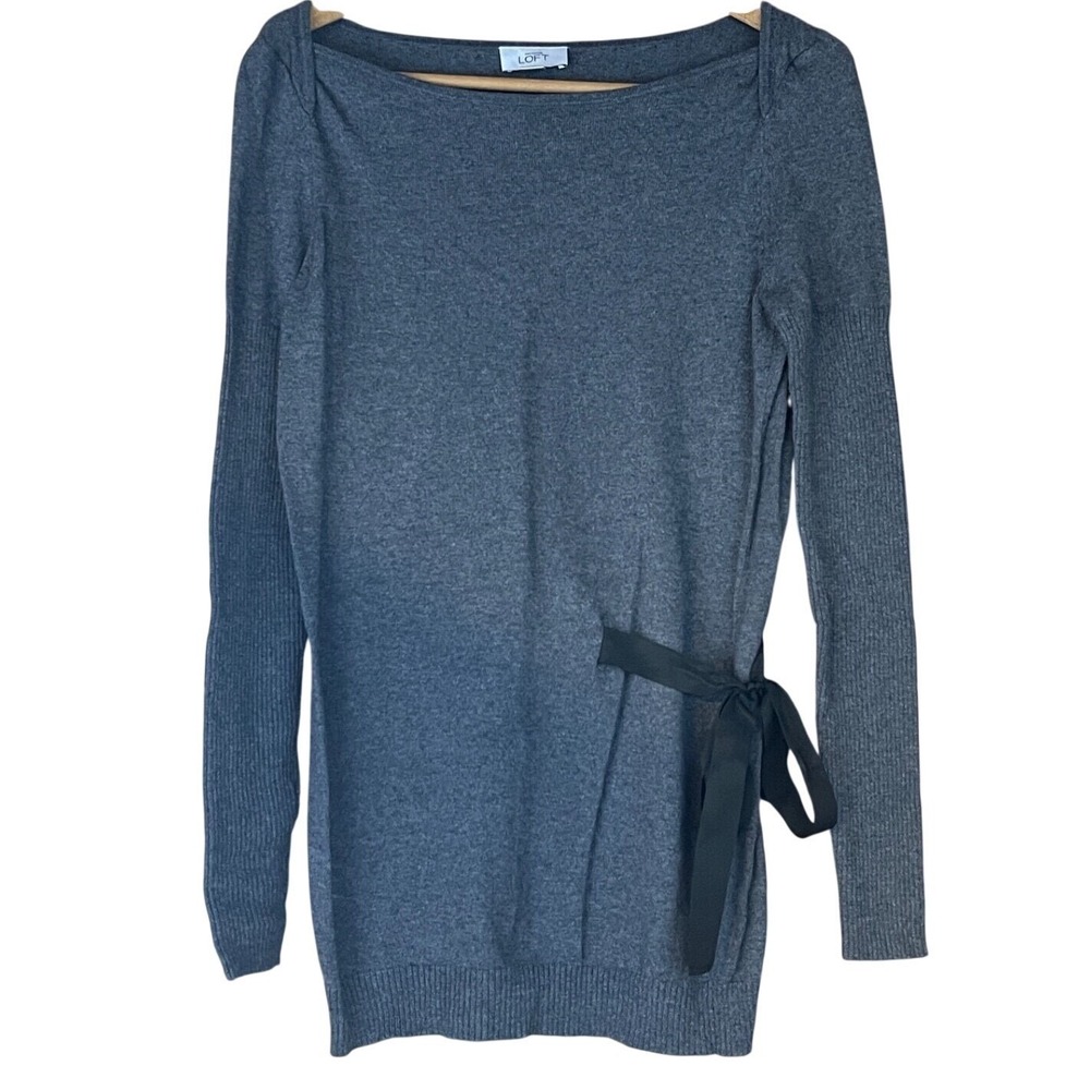 Ann Taylor‎ LOFT Cashmere Gray Boat Neck Tie Waist Sweater Knit Tunic Top Medium